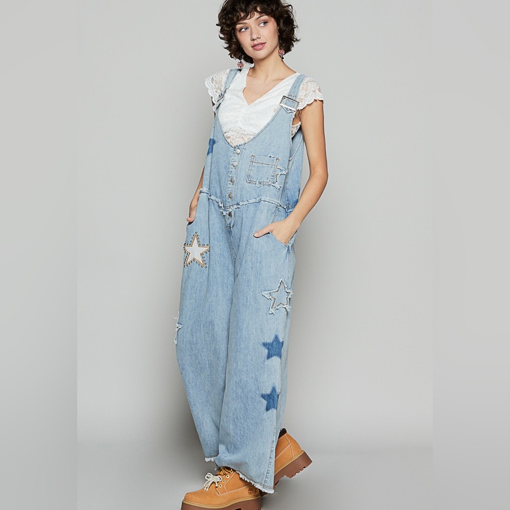 POL denim jumpsuit Star patchwork Light Blue Star-Patterned Overalls stud